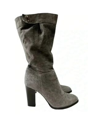 Grey Suede Boots Mid Calf Block Heel Slouch Boot Boho Size EU 38 NEW IN BOX